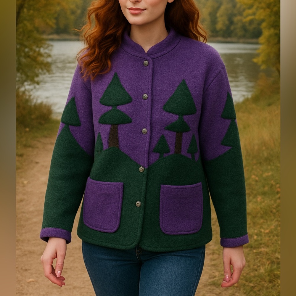 VINTAGE wool forest tree purple green appliqué jacket